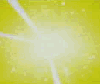 Animated sequence showing a golden armored figure emerging from bright yellow light against textured background.