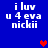 Blue background with white pixelated text reading "i luv u 4 eva nickii" and three heart symbols in red, purple, and dark purple.