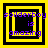Pixelated yellow and black square frames with purple text "solderboy is amazing" over a of nested squares
