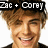 Two side-by-side pixelated images of a smiling person with light brown curly hair, wearing dark clothing against white background.