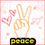 A static icon with a peace sign hand, pink hearts, and the word 'peace' on a light background.