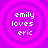 Four identical circular icons with concentric rings display text reading 'emily loves eric' in white pixelated font on a purple background.