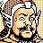 Pixelated 48x48 AIM buddy icon featuring a stylized character with orange hair, black mustache and beard, wearing an orange checkered headband against an orange-and-white checkered background.