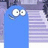 Blue cartoon character with large white eyes and a small curved mouth, standing against a striped background.