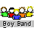 Animated sequence showing multiple 'Boy Band' icons with blue circular badges, red pixelated effects, and text variations including 'Get a life...' and 'This Life'.