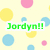 Pixelated image with light yellow background, scattered pastel circles in pink and blue, green text reading 'Jordyn!!' on white banner.