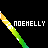 Pixelated rainbow gradient line with white star-like dots, positioned diagonally across black background next to 'NOEHELLY' text in blocky font.