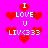 Pixelated pink background with red hearts and white text reading 'I LOVE U LIV<333' in multiple arrangements.