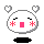 Pixelated white circular character with closed eyes, pink mouth, red star cheeks, and floating white hearts on gray background.