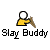 Pixel art buddy icon featuring a yellow stick figure with white head holding brown staff, next to text "Slay Buddy" and "buffysdomain.com" on gray background.