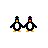 Two pixelated penguins in black, white, and orange stand side-by-side, holding hands, with one penguin's head turning left to right across frames.