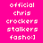 Pixelated text displays 'official chris crockers stalkers fasho:]' on four colored backgrounds in a