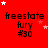 Red background with repeated text 'freestate fury #30' and scattered white and pink stars in a