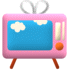 Pink retro TV with white rabbit ears, blue screen showing clouds and changing Japanese text in yellow, green, red, purple, orange hues.