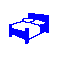Blue pixelated bed with white pillow and sheet, black syringe-like object, four green speech bubbles, four pink ribbons on white background.