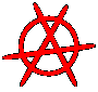 Red anarchy symbols and abstract shapes on gray background, with two vertical bars showing color transitions.