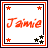 Two side-by-side animated frames of a pixelated buddy icon featuring the name "Jamie" in stylized text with star decorations and color variations between frames.