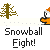 Pixel art animation of a character in orange clothing and Santa hat throwing snowballs in a snowy landscape with trees, text "Snowball Fight!" below.