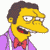 Pixelated cartoon character with yellow skin, dark brown hair, purple suit jacket, red bow tie, and open mouth showing teeth and tongue against white background.