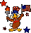 Animated pixel art of a patriotic eagle holding torches and an American flag, surrounded by stars.