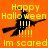 Pixelated orange background with yellow text and black witch silhouette on broomstick, repeated in