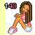 Pixel art of a girl with long brown hair in a pink top and white sneakers, sitting with legs crossed and arms crossed, next to pink and black '143' text on a white background.