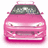 A pixelated pink car with headlights and a dark windshield on the left, next to black text reading 'yeah this is my ride' on a solid pink background.