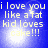 Blue background with yellow text reading "i love you i love you like a fat kid loves cake!!!" in four quadrants, each showing identical pixelated text and light effects.