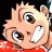 Pixelated anime-style character face with exaggerated expression next to stylized text on black background