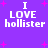 Purple background with pink starbursts and white pixelated text reading "I LOVE hollister" in four identical quadrants.