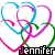 identical heart-shaped icons with overlapping blue, pink, and green outlines beneath the name 'Jennifer' in pixelated text