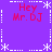 Purple background with red text "Hey Mr. DJ" repeated in four quadrants, surrounded by white dashed lines and asterisk-shaped corner decorations.