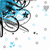Animated icon with blue and black abstract swirls, scattered light blue stars, gray hearts, and dark squares on white background.
