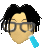 Pixelated character with black hair and glasses holds a blue test tube, transitioning through multiple facial expressions.
