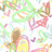 Pixelated abstract pattern with overlapping pastel shapes in green, pink, yellow, brown, and purple on white background.