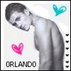 Black-and-white photo of a shirtless person leaning left with closed eyes, pink and teal heart icons, and 'ORLANDO' text at bottom.