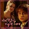 Two people in a close-up pose with text overlay reading 'she'll be right here' in stylized pink lettering.