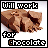 identical pixelated chocolate cake slices with text "Will work for Chocolate" on a white background
