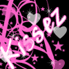 Animated pink and white 'kissez' text with hearts and stars on black background, featuring subtle color shifts in hearts and stars across frames.