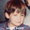 16 static images showing a person with various hairstyles and clothing, each labeled 'MADE MAN' in different colors