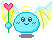 Pixelated blue angelic character with yellow wings, halo, and pink cheeks holding a heart-topped staff; four variations show different eye expressions.
