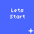Blue background with white pixelated text 'Lets Start' repeated across three , each containing a distinct small symbol below the text