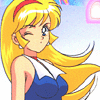 Animated image of a blonde anime character with a red headband, blue dress, and white collar, showing a side profile with closed eyes and a slight smile.