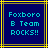 Two identical pixelated blue squares with yellow and gold borders display cyan text reading "Foxboro B Team ROCKS!!"