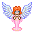 Pixelated angel figure with orange hair, blue eyes, and pink dress stands on a base; wings shift from open to closed positions across frames.