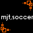 Animated orange square icon with four small squares and dots on black background, text 'mjt,soccer' repeated in white pixelated font.