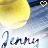 Yellow tennis ball on blue background with repeated 'Jenny' text, small black dots and yellow heart shapes appear in sequence.
