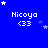 Blue background with white text 'Nicoya <33' repeated in a , surrounded by small white and light blue stars