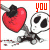 Animated contact sheet of a cartoon skull holding a red heart with black top, surrounded by blood splatters and changing text overlays.