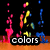 Pixelated animation of colorful abstract shapes floating against a black background with an orange ground plane and the word 'colors' in white text on a black rectangle.